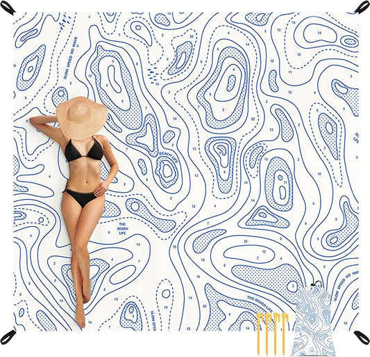 Beach Blanket Sandproof, 78''×86'' Large Waterproof Sand Free Beach Mat for 4 Adults, Big Compact Foldable White Beach Essential with 4 Stakes & 4 Corner Pockets for Picnic, Camping, Travel