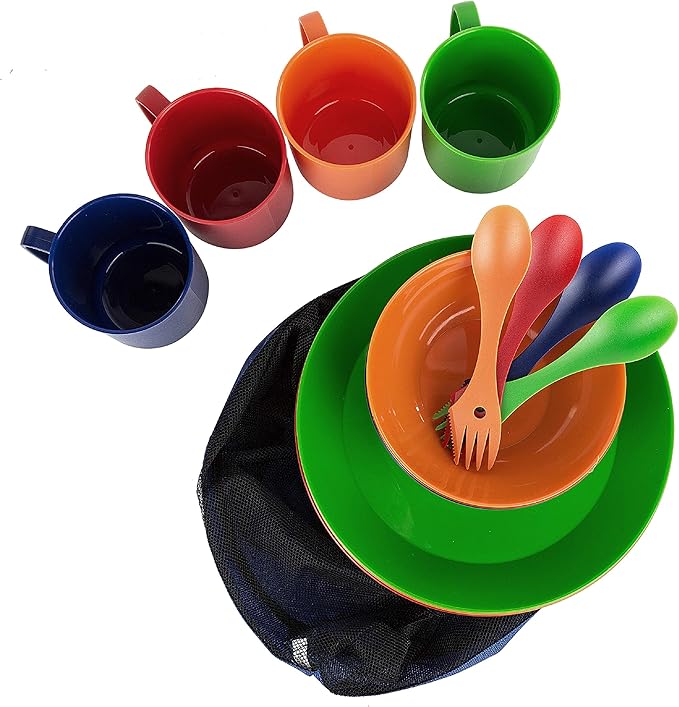 Camping Mess Kit, 16-Piece Dinnerware Set with Sporks, Plates, Bowls and Mugs, 4 Person Backpacking Lunch Gear with Mesh Travel Bag, 4 Colors, BPA Free Tableware