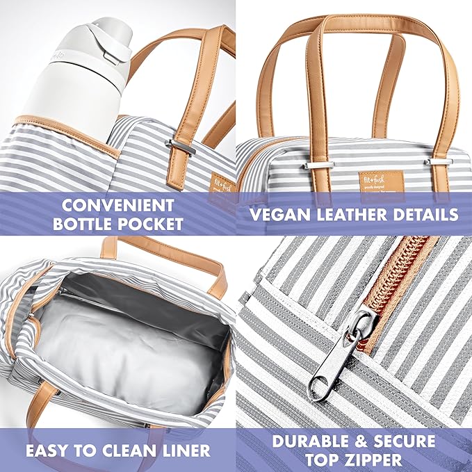 Fit & Fresh Insulated Leakproof & Stain-Resistant Large Lunch Box For Women With Expandable Bottle Pocket, Laketown Lunch Bag Gray Stripe