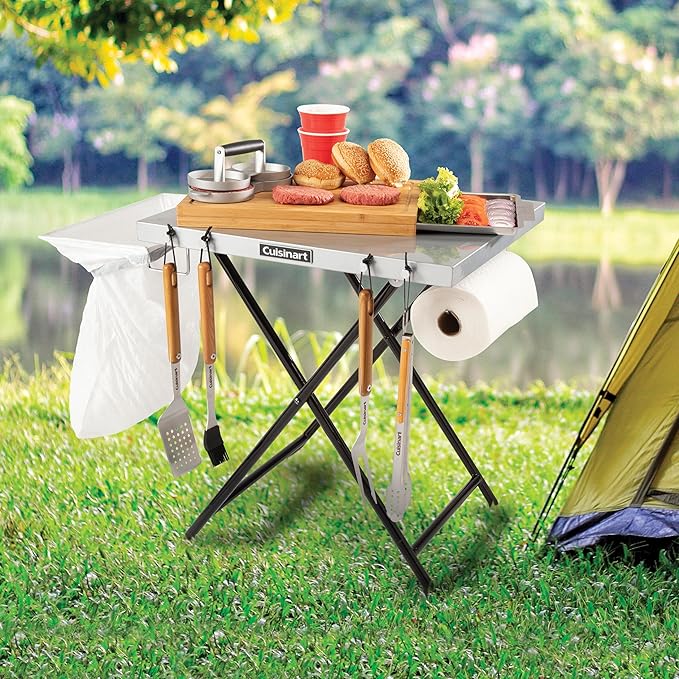 Cuisinart Fold ‘n Go Prep Table, Portable Folding Table and Grill Stand with Tool hooks, Trash Bag Holder, Paper Towel Rack, 24” x 20” Steel Food Prep Station Perfect for BBQs, Tailgates and Camping