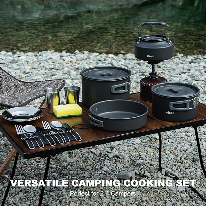 Alocs 17pcs Camping Cookware Set - Lightweight Camping Cookware Mess Kit for 2 - Portable Outdoor Cookware with Kettle - Camping Pots and Pans Set with Stainless Steel Cups Plates Forks Knives Spoons
