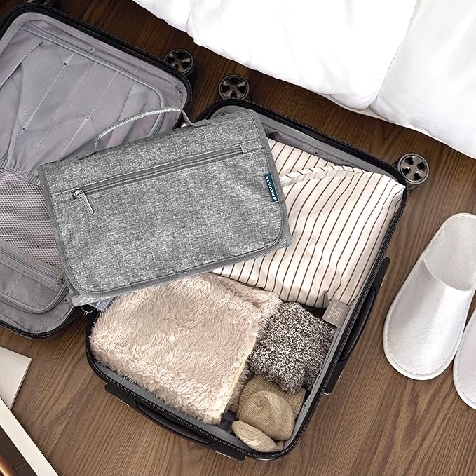 PAVILIA Hanging Toiletry Bag Women Men, Travel Kit Foldable Large Toiletries Organizer, Roll up Cosmetics Makeup Bag Accessories, Waterproof Essentials Jewelry Case (Heather Grey)