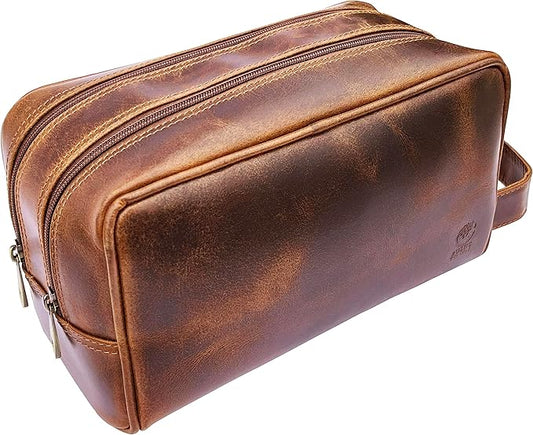 RUSTIC TOWN Leather Toiletry Bag for Men - Travel Shaving Dopp Kit - Bathroom Shower Toiletries Organizer - Leather Cosmetic Bag for Women (Antique Brown)