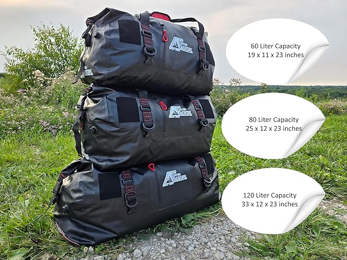 Motorcycle Waterproof Duffel Bag With Tie Down Straps, Marine Grade (60 Liter/15.8 Gallon, Rocky Series, Black)
