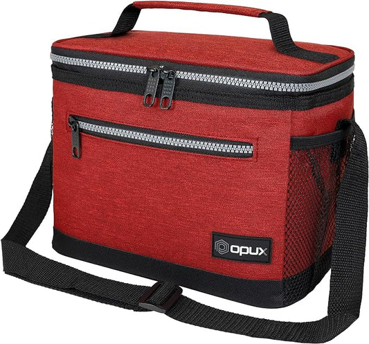 opux Insulated Lunch Box Men Women, Lunch Bag for Work School, Leakproof Soft Cooler Tote Adult, Large Lunch Pail Kids Boys Girls, Picnic Beach Food Bag with Shoulder Strap, Red