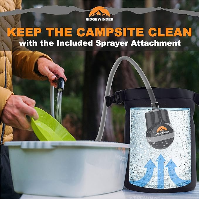 Portable Shower for Camping with Dry Bag - Camp Shower with Rechargeable Battery and Included 10L Dry Bag for Water Storage. Complete Camping Shower in a Bag (+Sprayer Attachment).