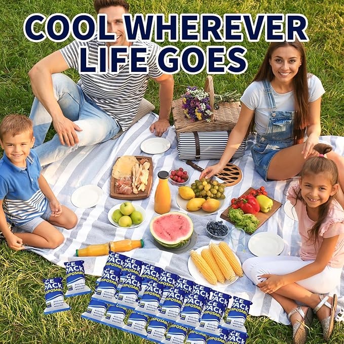 Disposable Ice Packs for Coolers & Lunch Boxes - Pre-Frozen Leak-Proof Cold Packs,Soft Gel Ice Packs for Camping, Beach Bags, Picnics,Outdoor Events, Takeout Delivery