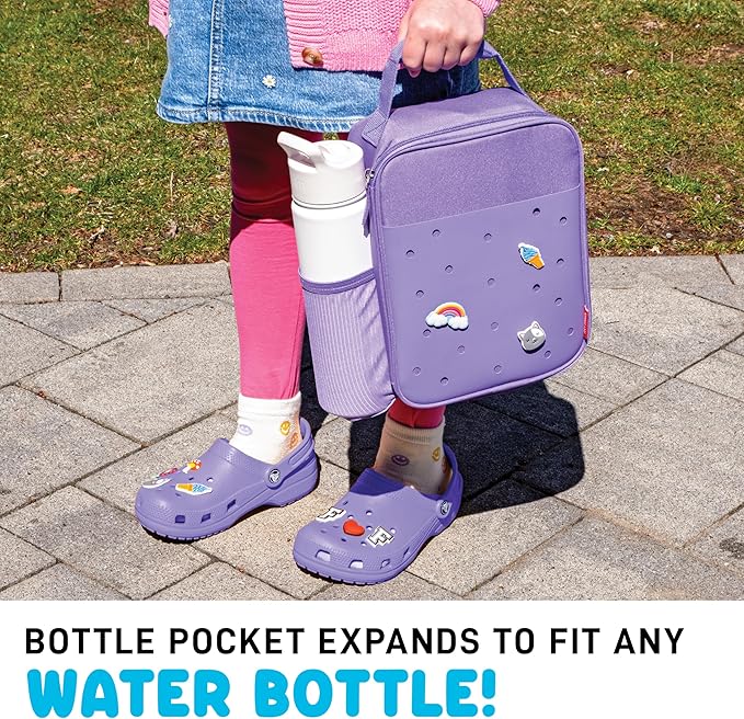 Fit & Fresh Charm Lunch Bag For Kids, Thermal Insulated Lunch Box For Kids Boys & Girls With Shoe Charm Slots For Personalization, School Lunch Box, Purple