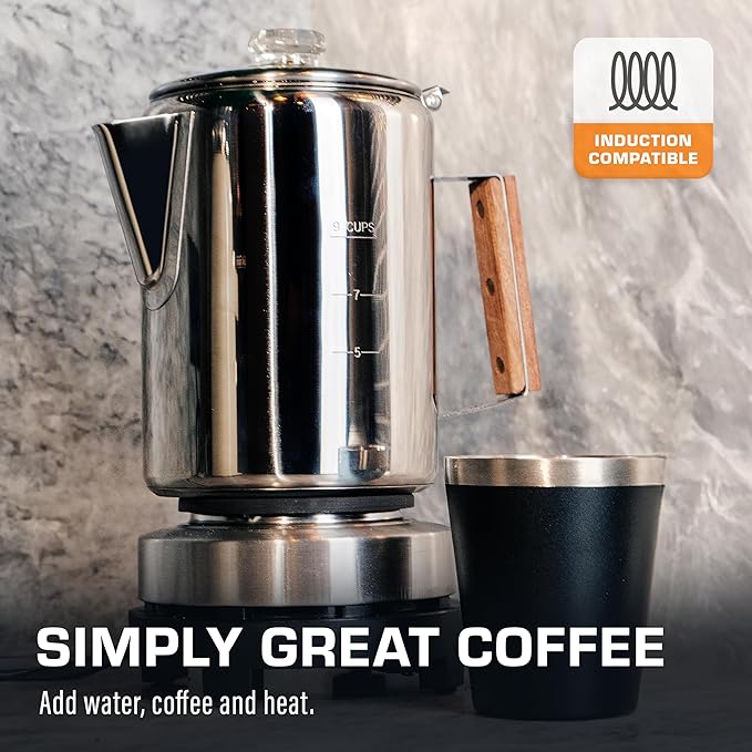 COLETTI Bozeman Induction Coffee Maker — Percolator Coffee Pot, Coffee Percolator – Brews 3 Kinds of Ways: Fire, Stovetop, & Induction [9 cup, Induction]