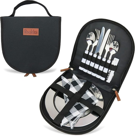 Camping Silverware Set with Case, 11 Pcs Camping Mess Kit with Stainless Steel Plates, Picnic Set for 2, Travel Silverware Set, Camping Utensils for Eating, Portable Cutlery Set