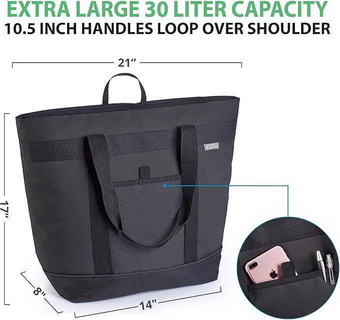 Jumbo Insulated Cooler Bag (Black) with HD Thermal Insulation - Premium, Collapsible Soft Cooler Makes a Perfect Insulated Grocery Bag, Food Delivery Bag, Travel Bag, Beach or Picnic Bags