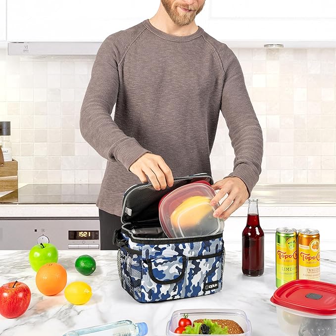 opux Insulated Lunch Bag for Men Women, Leakproof Camo Blue Lunch Box for Work, Portable Soft Lunch Cooler Bag with Shoulder Strap, Adult Lunchbox Lunch Pail for Kid Boy Girl School, 14 Can/8L