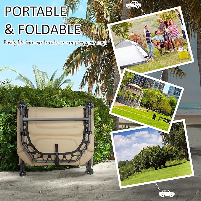 Outsunny Camping Cot for Adults, Folding Bed with Soft Padded Cushions & Headrest, 180° Adjustable Reclining Lounger, Heavy Duty and Portable with a 400 lbs. Capacity, Cream White