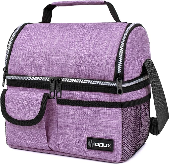 opux Lunch Bag Women Insulated, Adult Lunch Box Cooler, Lunch Box for Men, Dual Compartment Lunchbox for Work, Leakproof Double Decker Lunch Bag, Soft Lunch Pail Tote Girls Boys Kids School, Purple