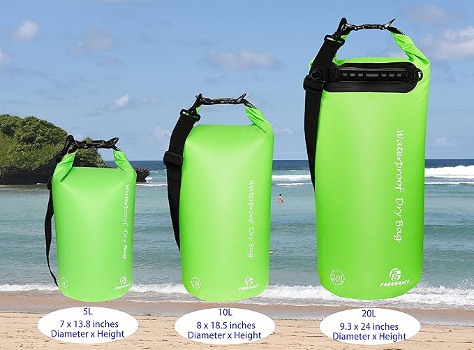 Waterproof Dry Bags Set of 3 Dry Bag with 2 Zip Lock Seals & Detachable Shoulder Strap, Waist Pouch & Phone Case - Can Be Submerged Into Water (Green, 20L)