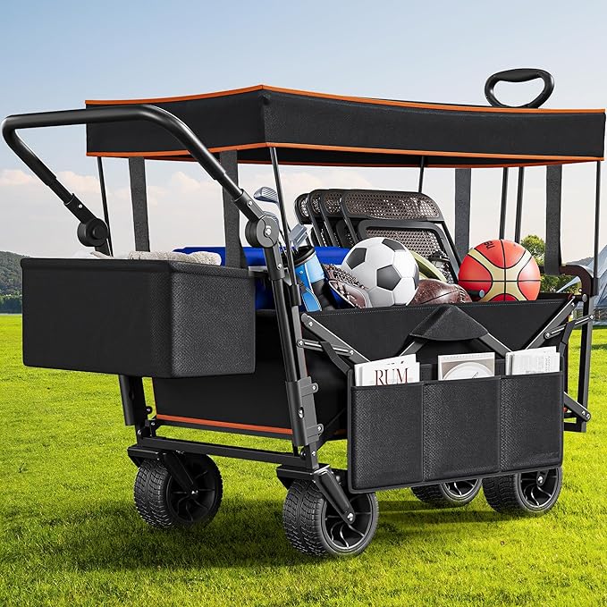 YITAHOME Collapsible Garden Cart w/Removable Canopy, Heavy Duty Outdoor Foldable Wagon Cart w/Rear Storage and Flexible Swivel Wheels for Shopping, Picnic, Camping, Sports,Black
