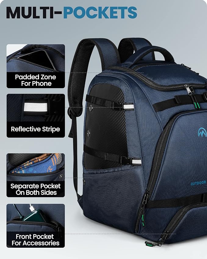 OutdoorMaster Ski Boot Bag, 50L Waterproof Snowboard Bag for Air Travel, Travel Boot Backpack for Ski Helmet, Goggles, Gloves, Skis, Snowboard & Accessories, for Men, Women and Youth - Blue