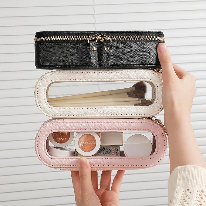 Aveniee Slim Clear Makeup Brush Bag, Small Cosmetic Brush Holder, Mini Toiletry Bag Travel Case for Women, Thin Make up Bags with Dual Zipper, Cute Travel Essentials Bag Organize - Pink