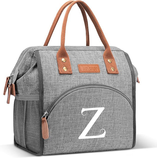 Initial Lunch Bag Women Insulated Lunch Box Wide-Open Lunch Tote Bag Large Drinks Holder Durable Nylon Thermal Snacks Organizer for Work, Travel, Picnic Personalized Gifts for Women/Teacher