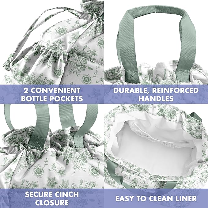 Fit & Fresh Lunch Bag For Women, Insulated Womens Lunch Bag For Work, Stain-Resistant Large Lunch Box For Women With Containers, Cinch Closure Cromwell Bag, Sage Floral Toile