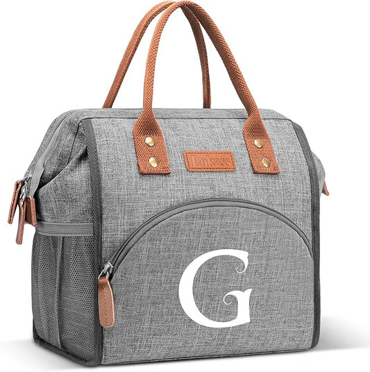 Initial Lunch Bag Women Insulated Lunch Box Wide-Open Lunch Tote Bag Large Drinks Holder Durable Nylon Thermal Snacks Organizer for Work, Travel, Picnic Personalized Gifts for Women/Teacher