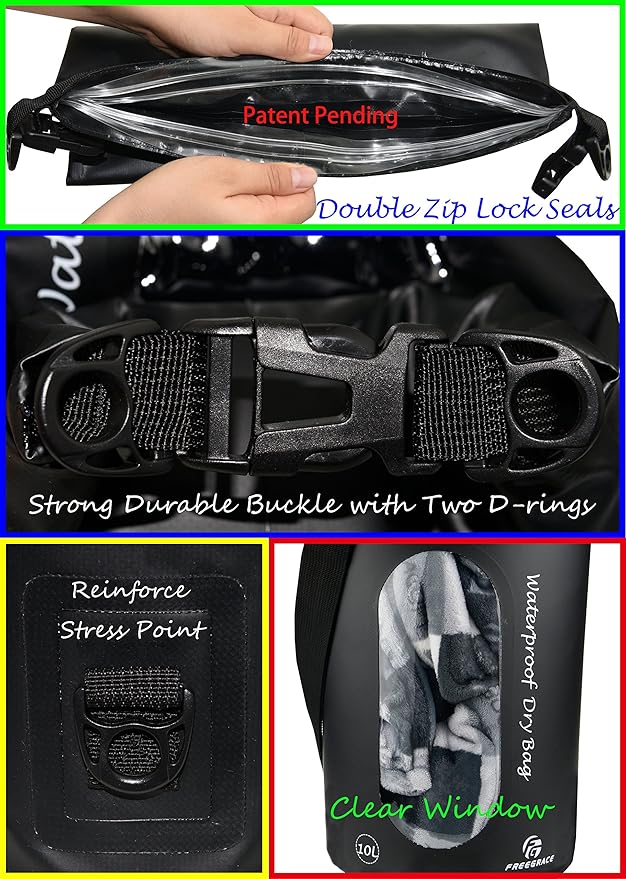 Waterproof Dry Bags Set Of 3 Dry Bag With 2 Zip Lock Seals & Detachable Shoulder Strap, Waist Pouch & Phone Case - Can Be Submerged Into Water - For Swimming (Black(Window), 5L)