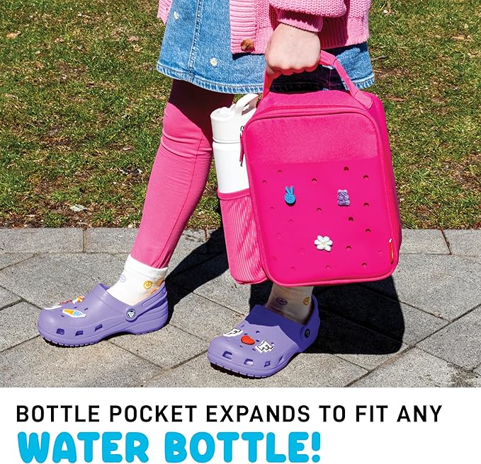 Fit & Fresh Charm Lunch Bag For Kids, Thermal Insulated Lunch Box For Kids Boys & Girls With Shoe Charm Slots For Personalization, School Lunch Box, Pink