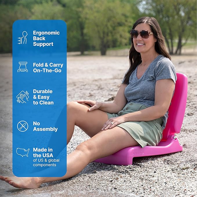 Step2 Folding Flip Seat, Lightweight Portable Outdoor Chair for Poolside, Camping, Beach, Boats, Tailgates, Durable Ground Chair with Back Support for Adults, Bright Pink