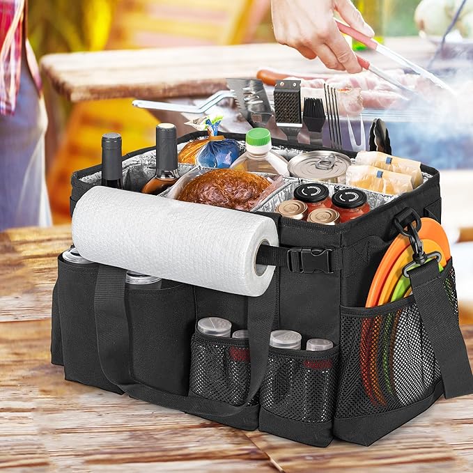 Large Grill Utensil Caddy with Paper Towel Holder, Outdoor Picnic Bag Organizer for BBQ Supplies Tool, Tailgating Accessory Basket Camping Gear Must Haves for Cook Essentials, Black, Bag Only
