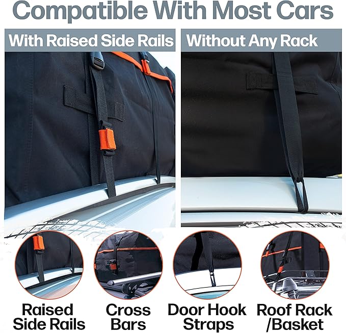 RoofPax Car Rooftop Cargo Carrier Bag Waterproof Storage - Including Double Zippers15 cft. with Heavy-Duty Tie-Down Straps fit Cars with/Without Roof Top Rack or Side Rails.
