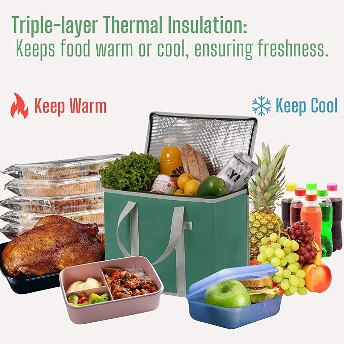 VENO 3 Pack Cooler Bag Insulated Reusable Grocery Shopping Bag, Food Delivery, Heavy Duty, Large Size, Durable Handles, Double Zippers, Lid, Collapsible (Green, 3 Pack)