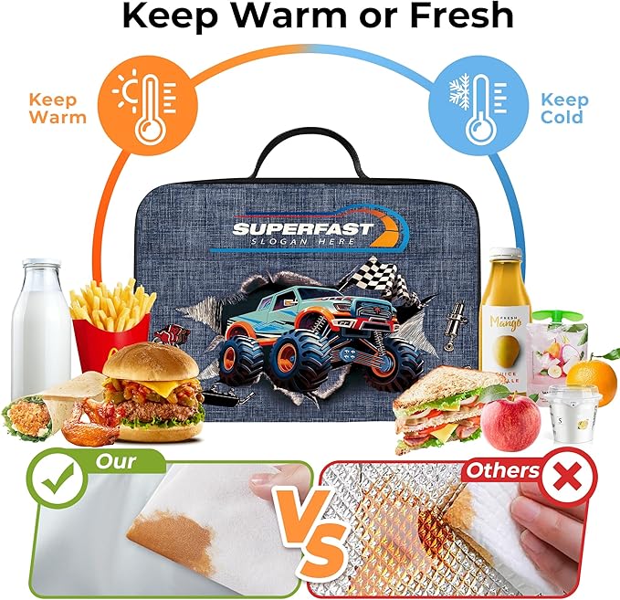 Clastyle 3D Insulated Kids Lunch Bag Large Thermal Cooler Bag for Boy Picnic School Lunch Box Tote,Monster Truck