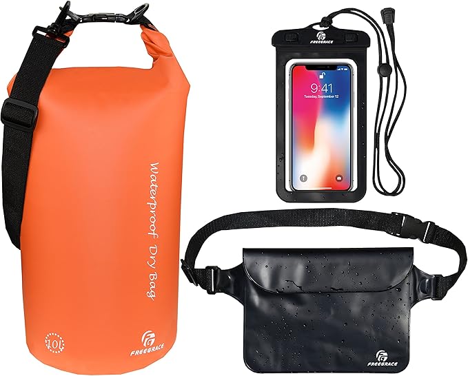 Waterproof Dry Bags Set of 3 Dry Bag with 2 Zip Lock Seals & Detachable Shoulder Strap, Waist Pouch & Phone Case - Can Be Submerged Into Water - for Swimming (Orange, 5L)