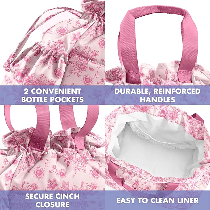 Fit & Fresh Lunch Bag For Women, Insulated Womens Lunch Bag For Work, Stain-Resistant Large Lunch Box For Women With Containers, Cinch Closure Cromwell Bag, Pink FloralToile