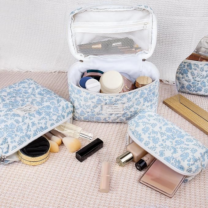 3PC Makeup Bag Set, Quilted Makeup Bag, Large Floral Cosmetic Bag for Women, Cute Cotton Makeup Bags, Flower Travel Toiletry Organizer Bag (White and Blue Bow)