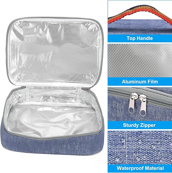 PATIKIL 11"x8"x3" Insulated Lunch Bags, Portable Food Containers Bag Flat Bento Bags Reusable Thermal Lunch Pail for Men and Women, Blue