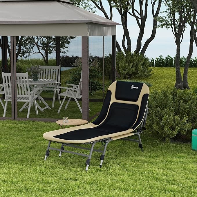 Outsunny Camping Cot for Adults, Folding Bed with Soft Padded Cushions & Headrest, 180° Adjustable Reclining Lounger, Heavy Duty and Portable with a 400 lbs. Capacity, Cream White