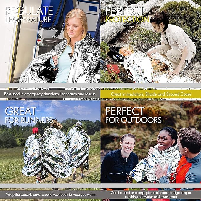 EVERLIT Survival Emergency Mylar Thermal Blankets -Space Blanket Survival kit Camping Blanket Perfect for First Aid Kit Outdoors, Hiking, Survival,Bug Out Bag,Marathons (Silver, 4 Pack)