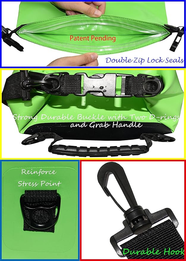 Waterproof Dry Bags Set of 3 Dry Bag with 2 Zip Lock Seals & Detachable Shoulder Strap, Waist Pouch & Phone Case - Can Be Submerged Into Water (Green, 20L)