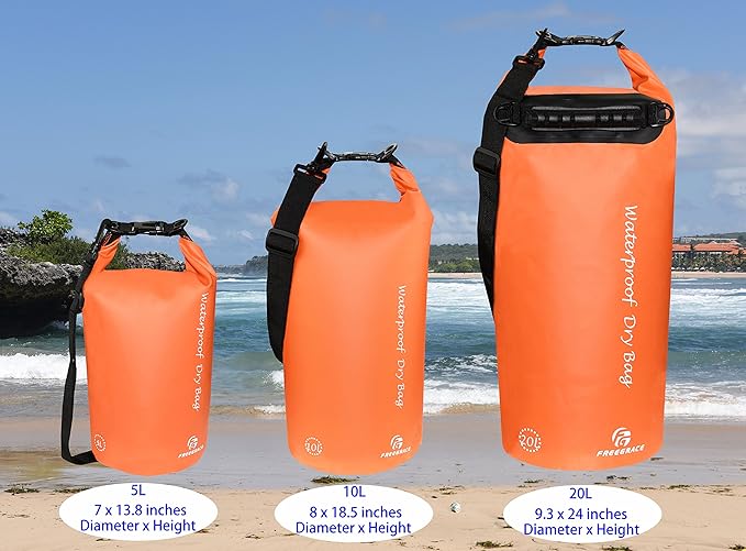 Waterproof Dry Bags Set of 3 Dry Bag with 2 Zip Lock Seals & Detachable Shoulder Strap, Waist Pouch & Phone Case - Can Be Submerged Into Water - for Swimming (Orange, 5L)