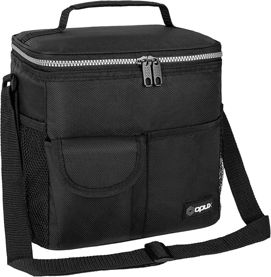 opux Insulated Lunch Bag for Men Women, Leakproof Black Lunch Box for Work, Portable Soft Lunch Cooler Bag with Shoulder Strap, Adult Lunchbox Lunch Pail for Kid Boy Girl School, 18 Can/10L