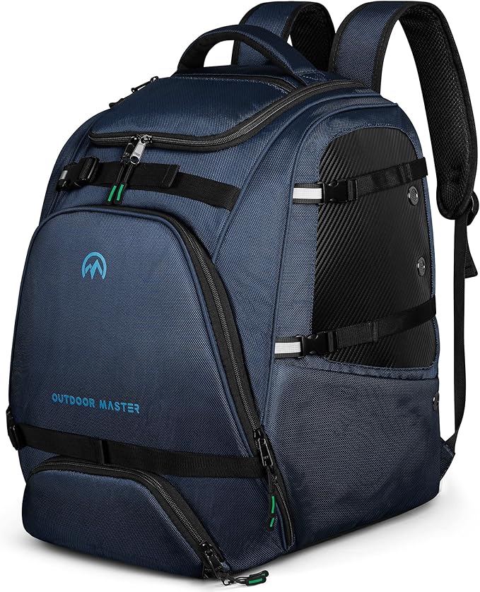 OutdoorMaster Ski Boot Bag, 50L Waterproof Snowboard Bag for Air Travel, Travel Boot Backpack for Ski Helmet, Goggles, Gloves, Skis, Snowboard & Accessories, for Men, Women and Youth - Blue