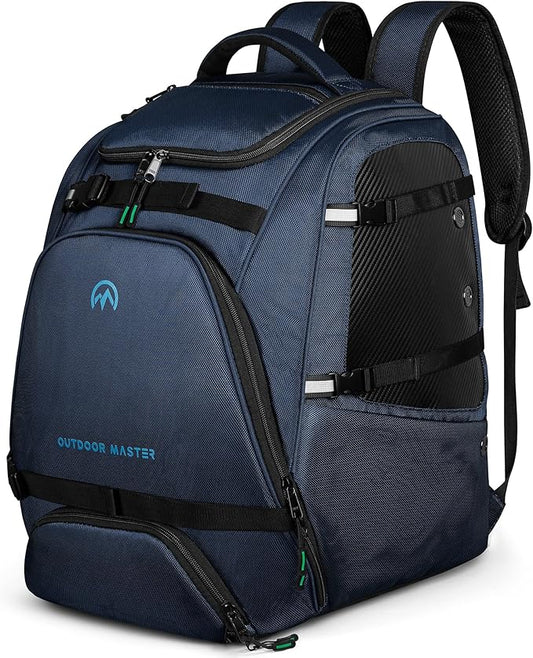 OutdoorMaster Ski Boot Bag, 50L Waterproof Snowboard Bag for Air Travel, Travel Boot Backpack for Ski Helmet, Goggles, Gloves, Skis, Snowboard & Accessories, for Men, Women and Youth - Blue