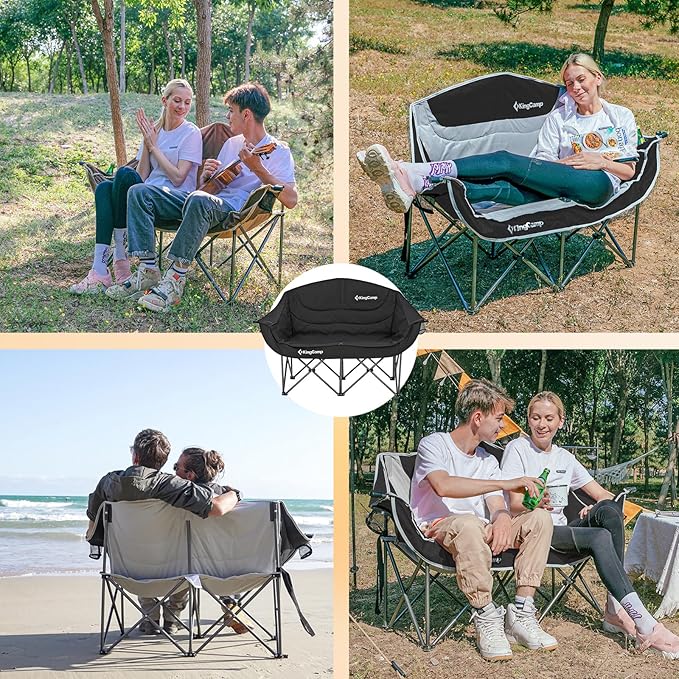 KingCamp Double Camping Chair, Oversized Heavy Duty Loveseat for Adults Portable Folding XL 2 Person Couch Padded Comfortable Two Seat with Cup Holder for Outdoor Lawn Backyard