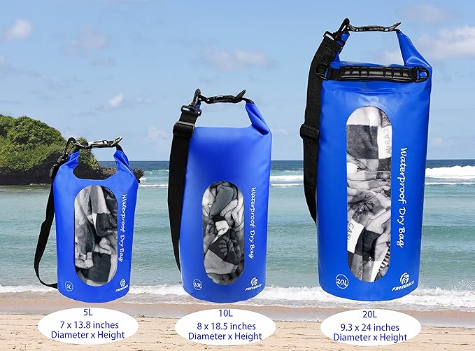 Waterproof Dry Bags Set of 3 Dry Bag with 2 Zip Lock Seals & Detachable Shoulder Strap, Waist Pouch & Phone Case - Can Be Submerged Into Water - for Swimming (Navy Blue(Window), 20L)