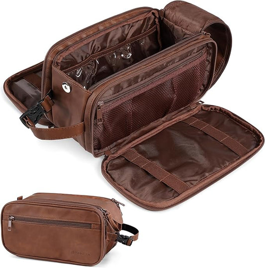 PAVILIA Toiletry Bag for Men Women, Mens Travel Bag Toiletries Organizer Case for Grooming, Travel Essentials Shaving Dopp Kit, PU Leather Water Resistant Cosmetic Pouch, Brown