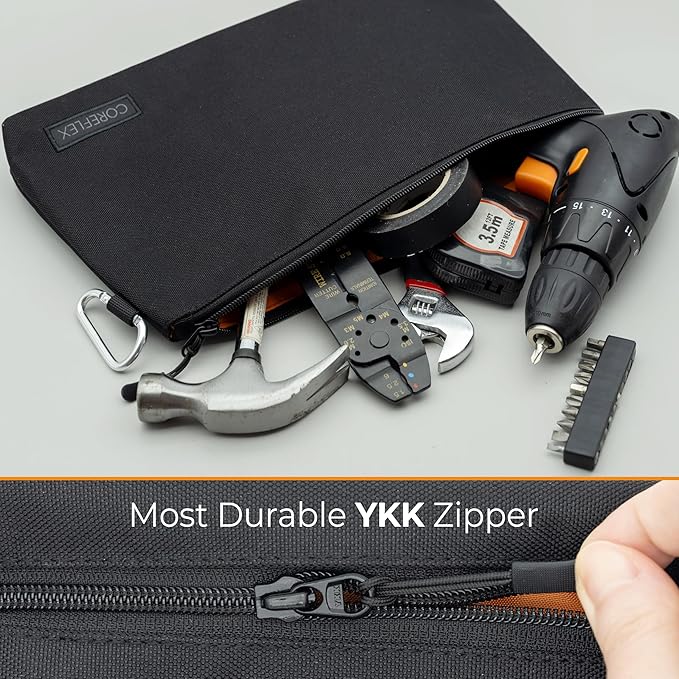 COREFLEX Premium Tool Pouch Zipper Bag, Small Tool Bag, Multipurpose Storage Pouch, Heavy Duty Flat Bottom Tool Bag with YKK Zipper (6 Pack Large 12inch Black)
