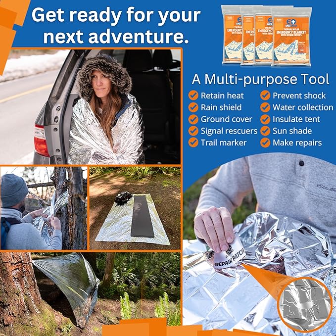 Camping Emergency Blanket Survival Pack [4] - Thermal Mylar Blanket for Winter - Extreme Cold - Bulk