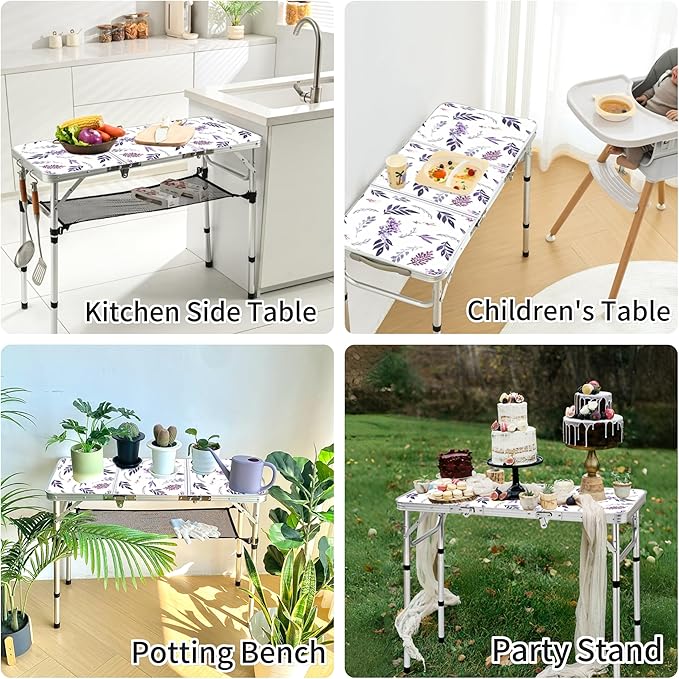 Folding Camping Table 3ft Portable Pinic Table Adjustable Height Small Card Table Aluminum Foldable Lightweight with Carry Handle for Outdoor Indoor Hiking Camp BBQ Beach (Misty Lilac)