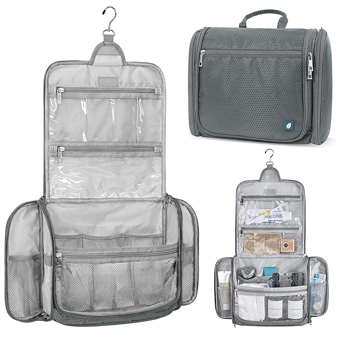 PAVILIA Large Hanging Toiletry Bag Travel Bag Women Men, Cosmetic Organizer, Water Resistant Makeup Bag Accessories Toiletries, Travel Essentials Kit, Grey
